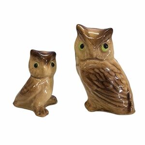 Vintage Hagen Renaker Owls Glazed Ceramic Miniatures 1980s - Mama and Owlet